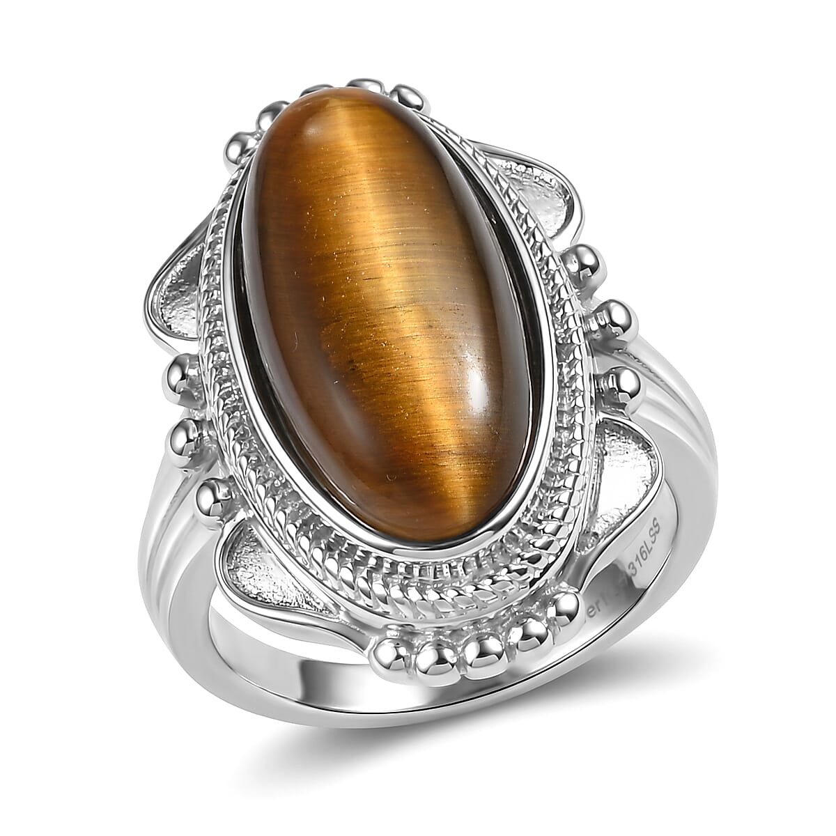 EverTrue Tigers Eye 9.50 ctw Ring in Stainless Steel (Size 6.0)