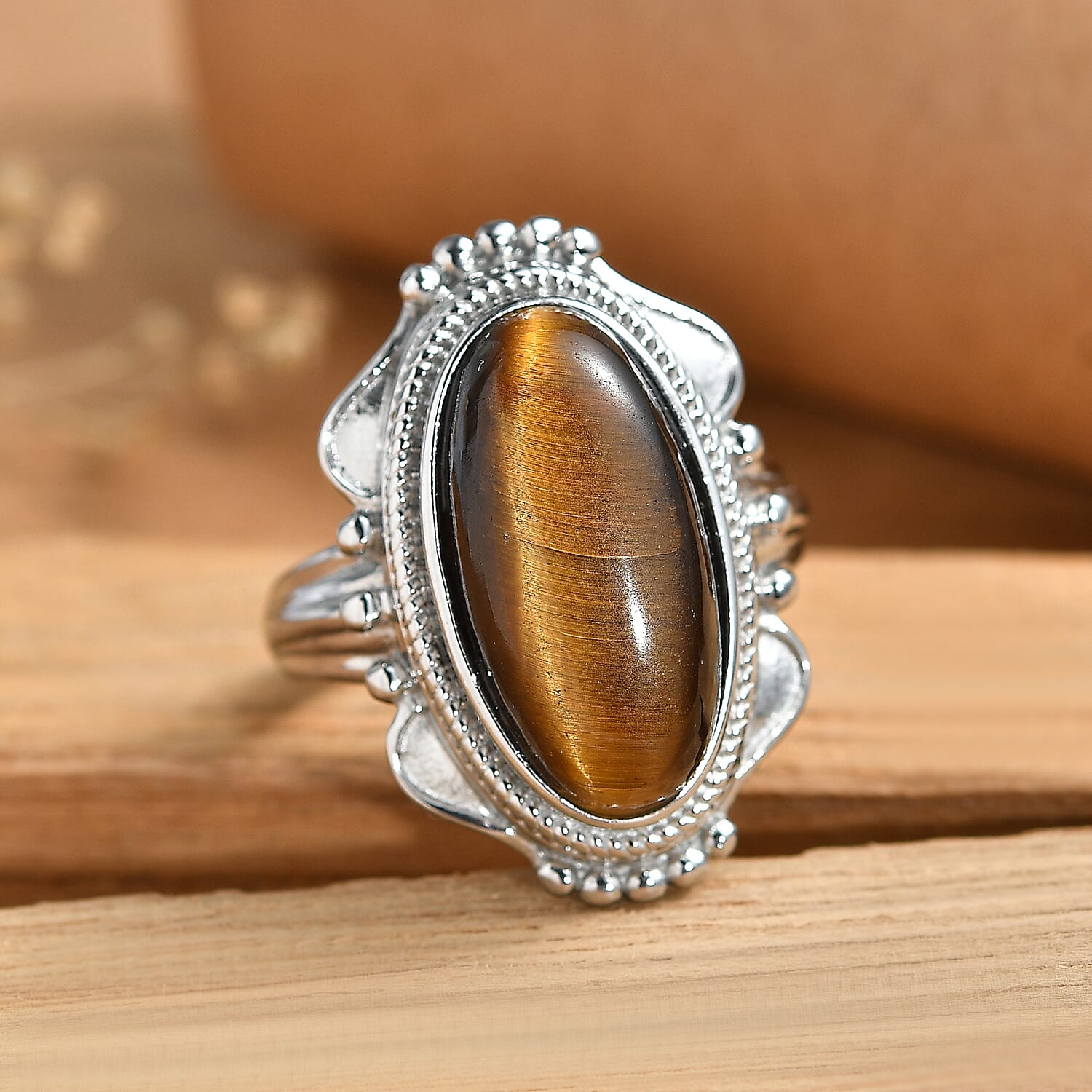 EverTrue Tigers Eye 9.50 ctw Ring in Stainless Steel (Size 6.0)