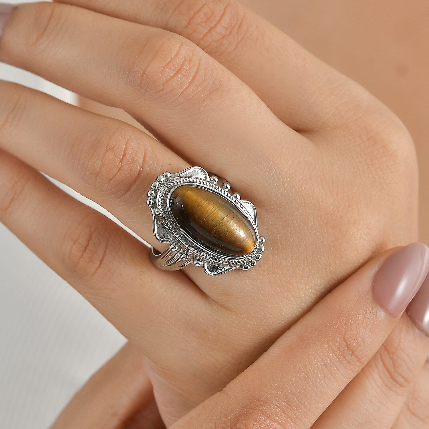 EverTrue Tigers Eye 9.50 ctw Ring in Stainless Steel (Size 6.0)