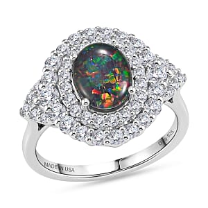Certified & Appraised D'Joy Premium Australian Opal Triplet and Moissanite 2.20 ctw Ring in Rhodium Over Sterling Silver (Size 10.0)