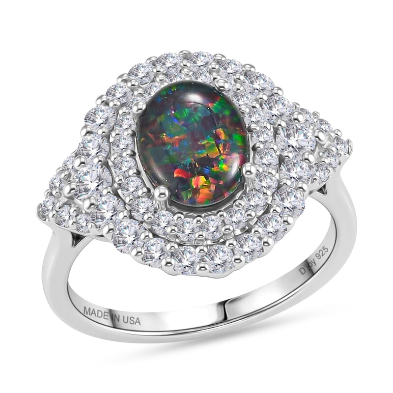 Certified & Appraised D'Joy Premium Australian Opal Triplet and Moissanite 2.20 ctw Ring in Rhodium Over Sterling Silver (Size 10.0)
