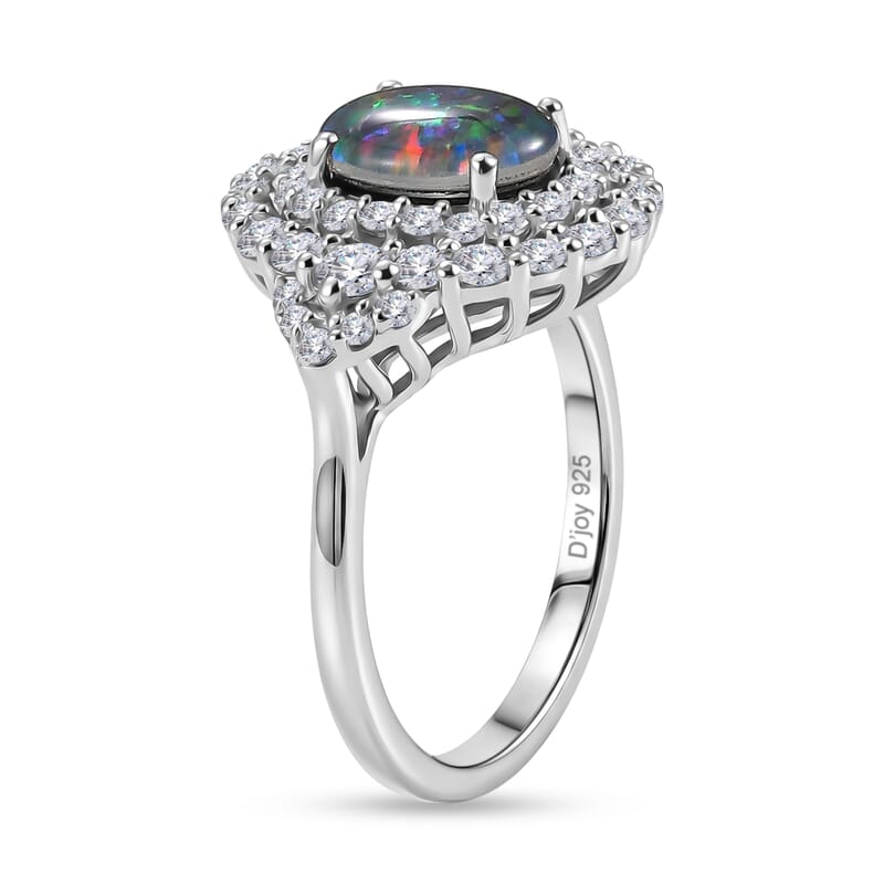 Certified & Appraised D'Joy Premium Australian Opal Triplet and Moissanite 2.20 ctw Ring in Rhodium Over Sterling Silver (Size 10.0)