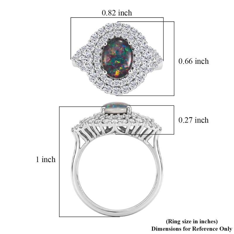 Certified & Appraised D'Joy Premium Australian Opal Triplet and Moissanite 2.20 ctw Ring in Rhodium Over Sterling Silver (Size 10.0)