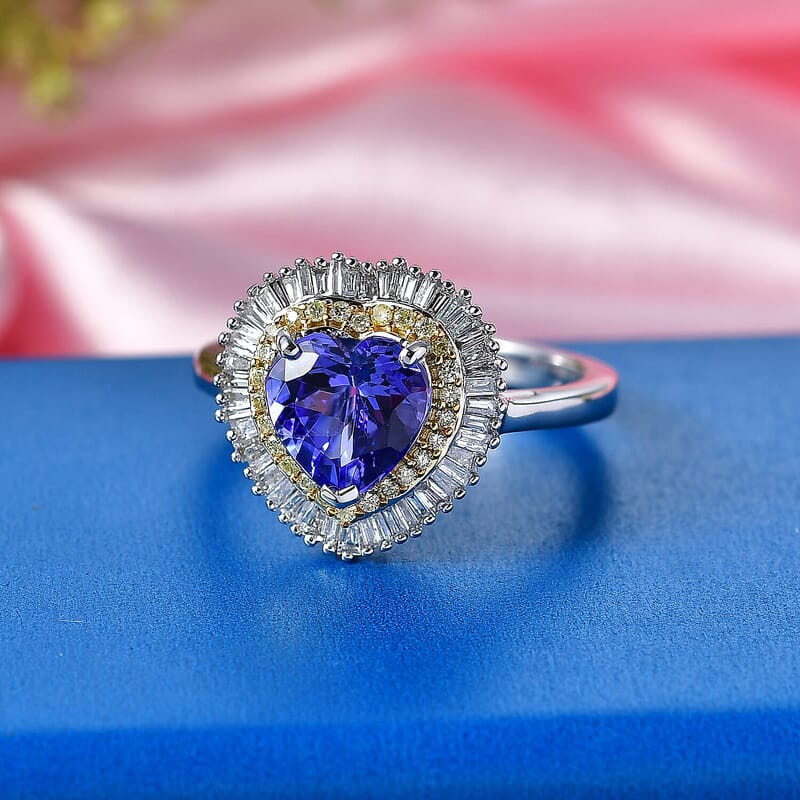 Luxoro Premium Tanzanite, Natural Yellow and White Diamond I2 2.25 ctw Regal Heart Halo Ring in 10K White Gold (Size  5.5)