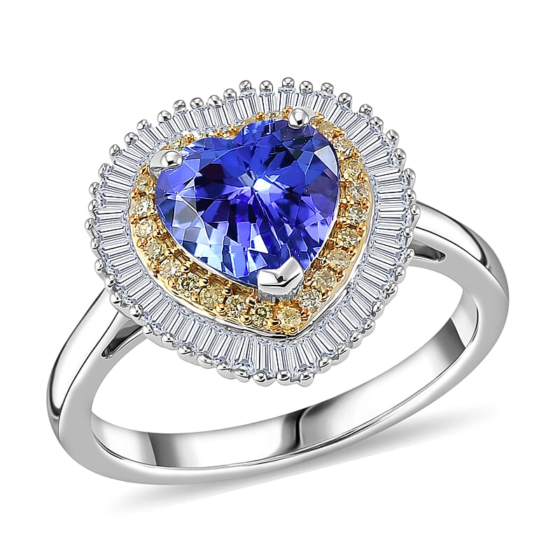Luxoro Premium Tanzanite, Natural Yellow and White Diamond I2 2.25 ctw Regal Heart Halo Ring in 10K White Gold (Size  6.0)