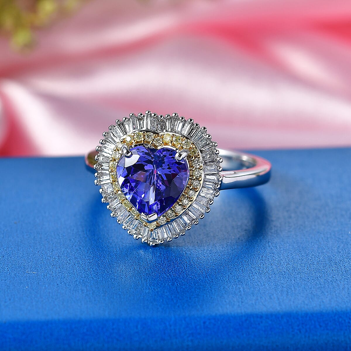 Luxoro Premium Tanzanite, Natural Yellow and White Diamond I2 2.25 ctw Regal Heart Halo Ring in 10K White Gold (Size 6.0) (Ships in 10-12 Days) image number 1