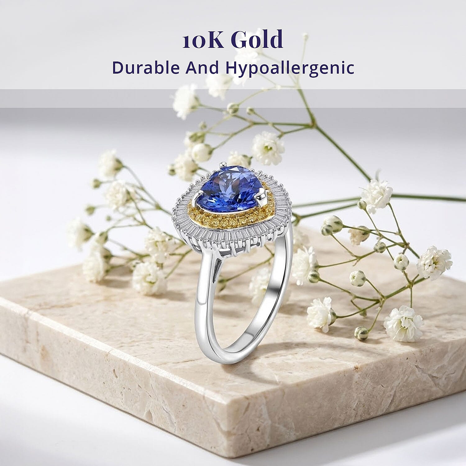 Luxoro Premium Tanzanite, Natural Yellow and White Diamond I2 2.25 ctw Regal Heart Halo Ring in 10K White Gold (Size  6.0)