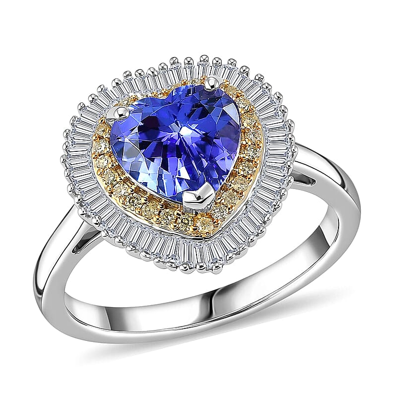 Luxoro Premium Tanzanite, Natural Yellow and White Diamond I2 2.25 ctw Regal Heart Halo Ring in 10K White Gold (Size  6.5)