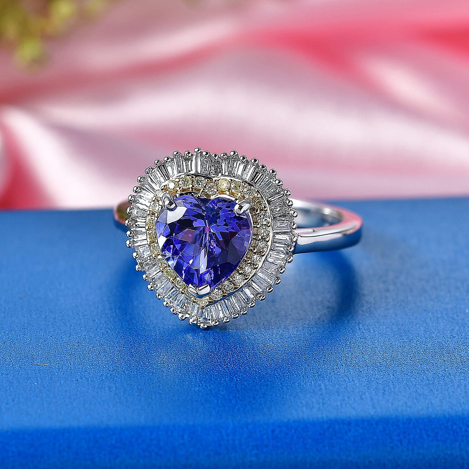 Luxoro Premium Tanzanite, Natural Yellow and White Diamond I2 2.25 ctw Regal Heart Halo Ring in 10K White Gold (Size  7.5)