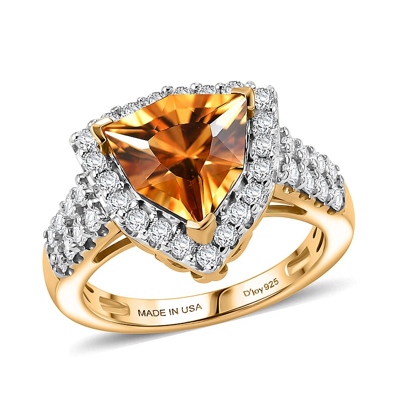 Certified & Appraised D'Joy Premium Fancy Cut Brazilian Citrine and Moissanite 3.30 ctw Ring in 18K Vermeil Yellow Gold Over Sterling Silver (Size 10.0)