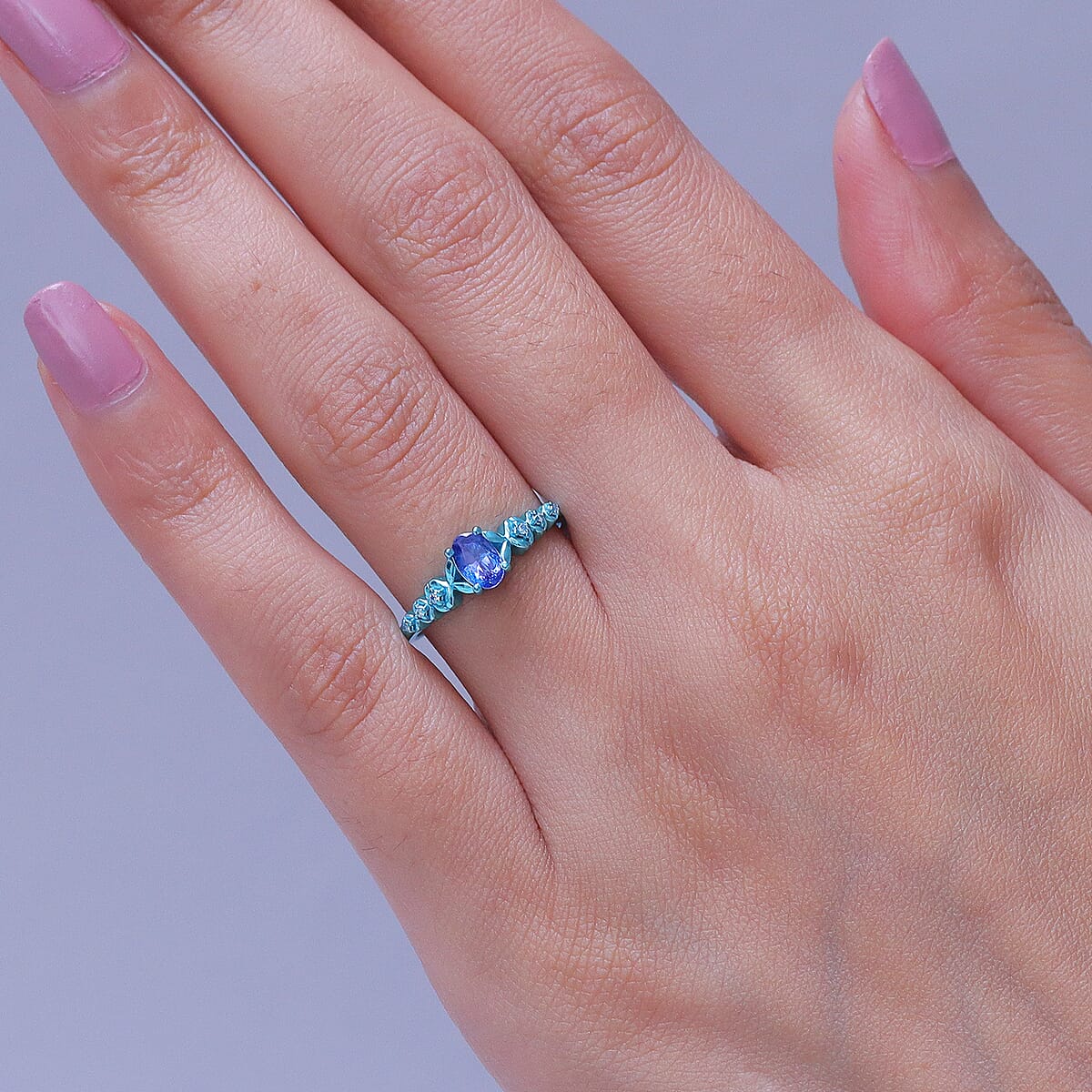 D'Joy Tanzanite and Moissanite 0.50 ctw Nature Glow Floral Ring in Blue E-coat Sterling Silver (Size 10.0) image number 2