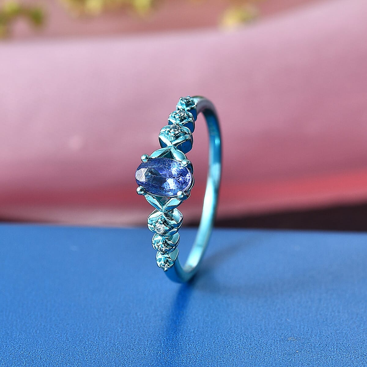 D'Joy Tanzanite and Moissanite 0.50 ctw Nature Glow Floral Ring in Blue E-coat Sterling Silver (Size 6.0) image number 1