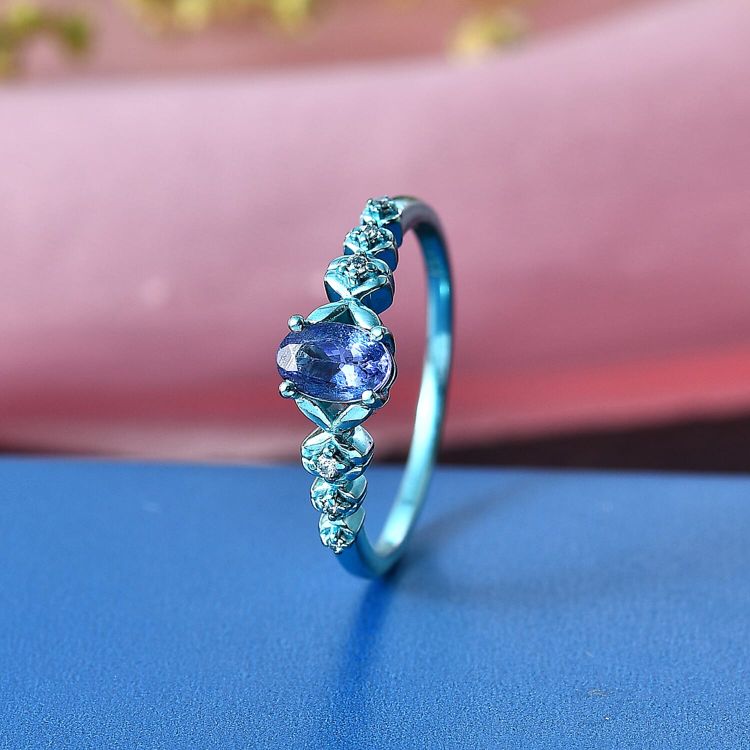 D'Joy Tanzanite and Moissanite 0.50 ctw Nature Glow Floral Ring in Blue E-coat Sterling Silver (Size 7.0)