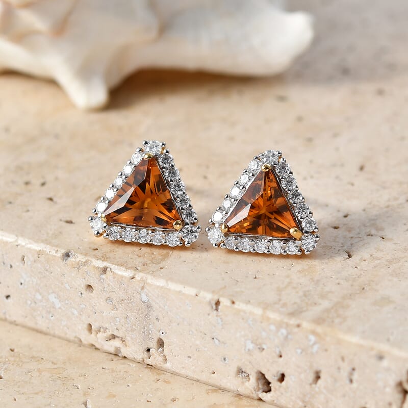 Certified & Appraised D'Joy Premium Fancy Cut Brazilian Citrine and Moissanite 3.56 ctw Earrings in 18K Vermeil Yellow Gold Over Sterling Silver