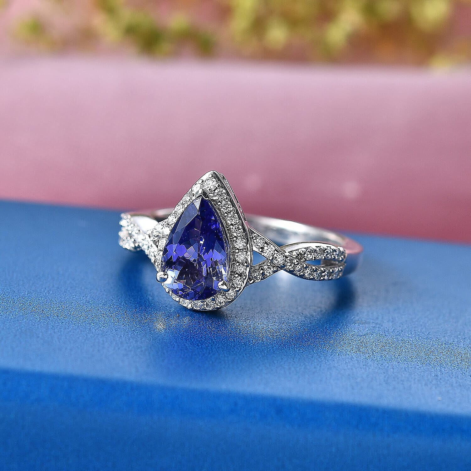 D'Joy Premium Tanzanite and Moissanite 1.70 ctw Infinity Halo Ring in Rhodium Over Sterling Silver (Size 6.0)