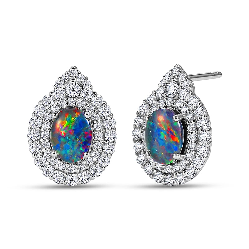 Certified & Appraised D'Joy Premium Australian Opal Triplet and Moissanite 3.08 ctw Earrings in Rhodium Over Sterling Silver