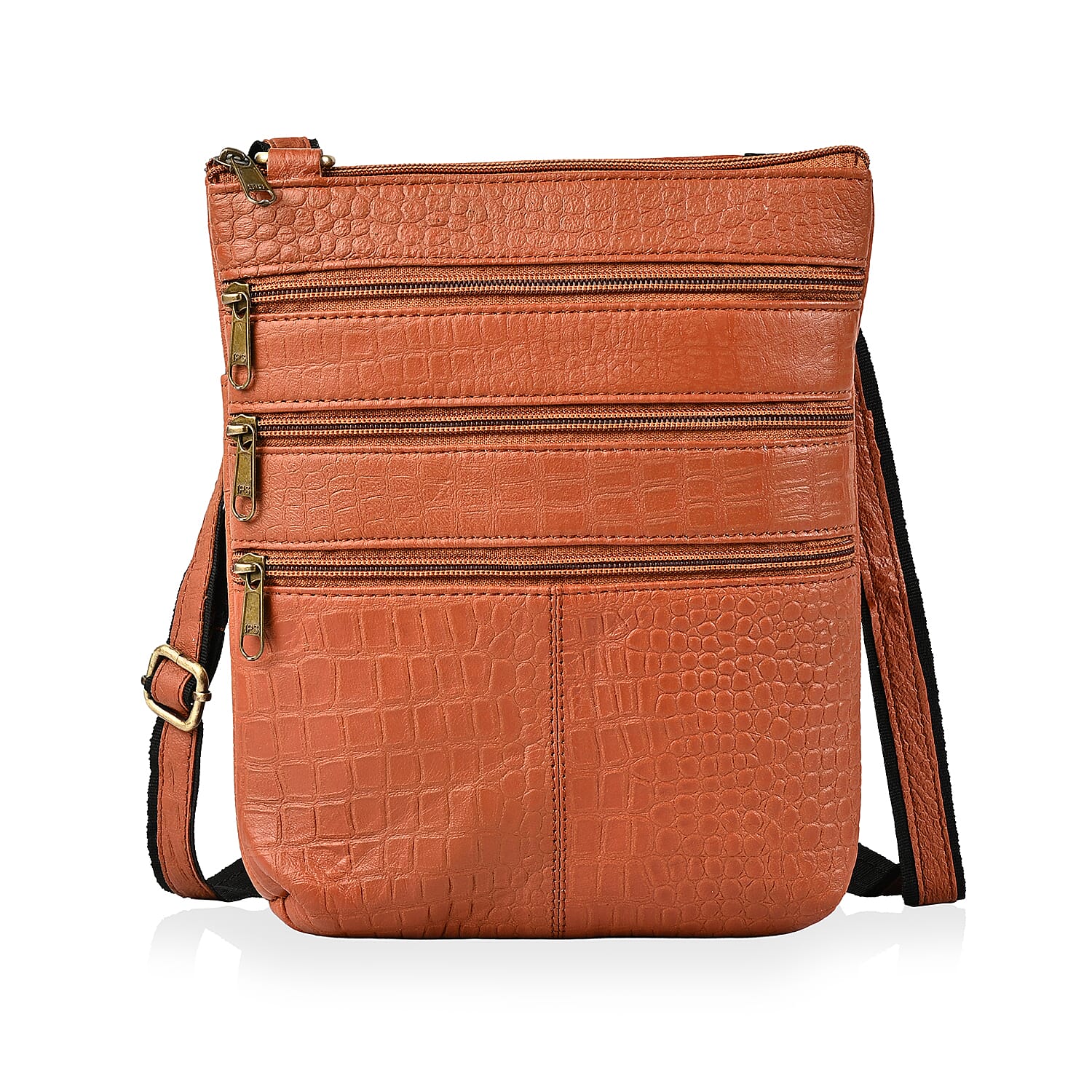 Tan Genuine Leather Croco Embossed Crossbody Bag (8.5x9.5)