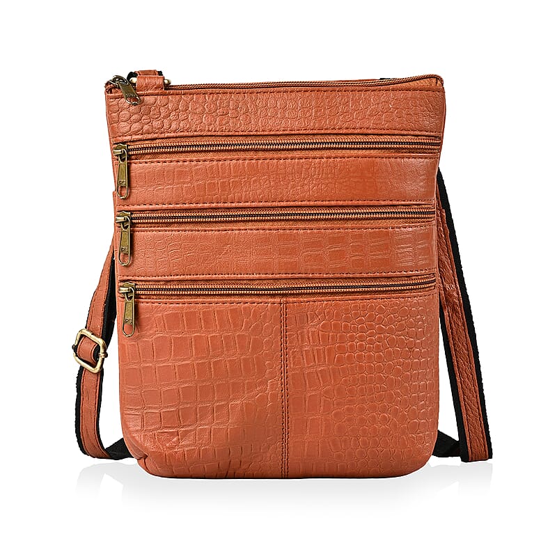 Tan Genuine Leather Croco Embossed Crossbody Bag (8.5x9.5)