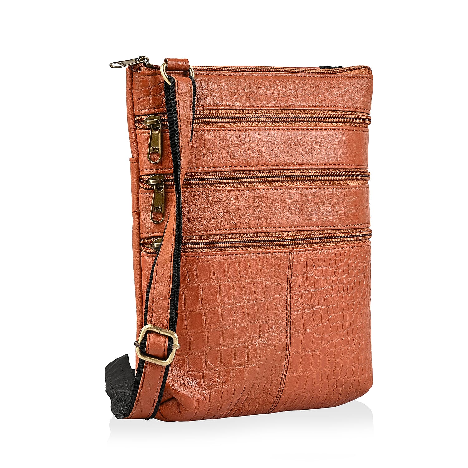 Tan Genuine Leather Croco Embossed Crossbody Bag (8.5x9.5)