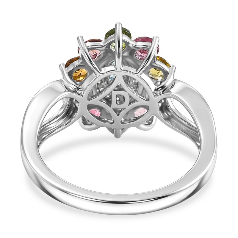 D'Joy Multi-Tourmaline and White Zircon 1.65 ctw Color Blossom Ring in Rhodium Over Sterling Silver (Size 5.0)