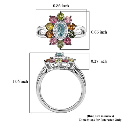 D'Joy Multi-Tourmaline and White Zircon 1.65 ctw Color Blossom Ring in Rhodium Over Sterling Silver (Size 5.0)