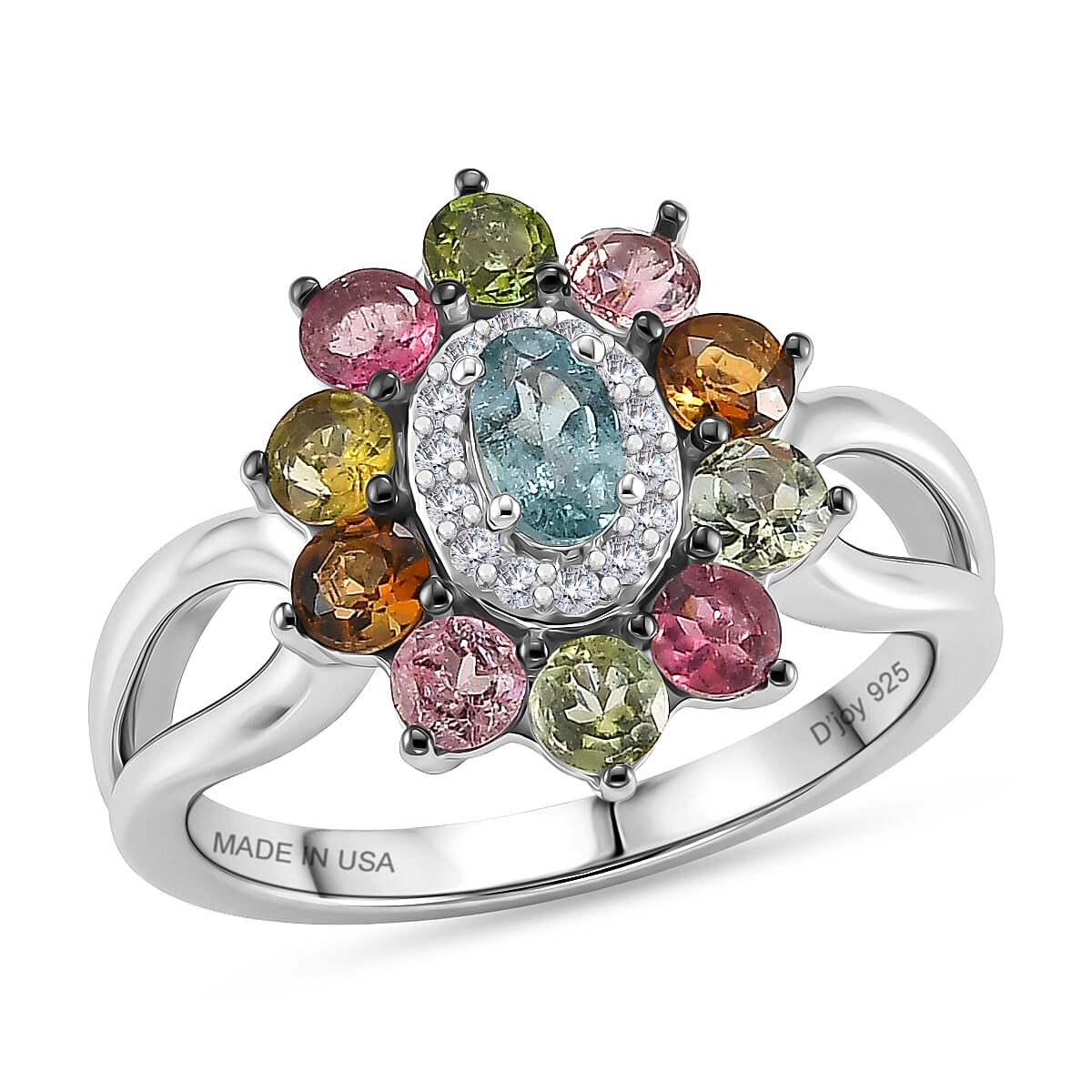 D'Joy Multi-Tourmaline and White Zircon 1.65 ctw Color Blossom Ring in Rhodium Over Sterling Silver (Size 7.0)