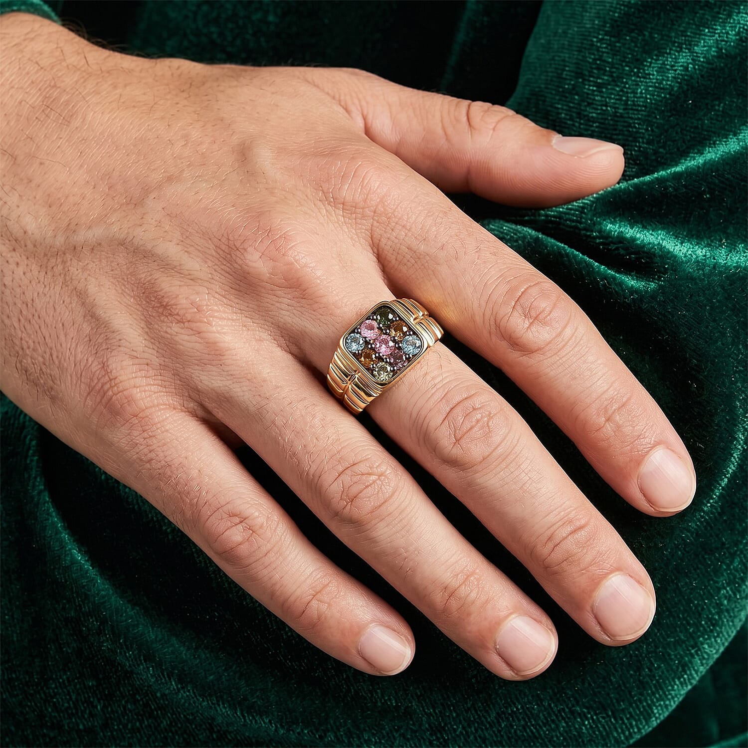 D'Joy Multi-Tourmaline 1.20 ctw Men's Ring in 18K Vermeil Yellow Gold Over Sterling Silver (Size 10.0)