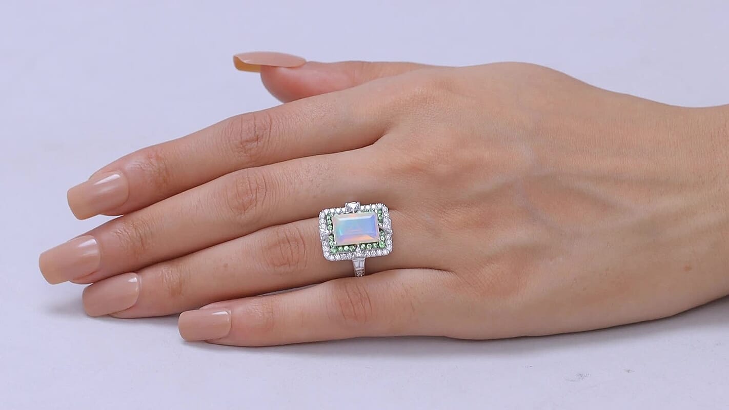 D'Joy Premium Ethiopian Welo Opal, Multi Gemstone Ring in Rhodium Over Sterling Silver (Size 6.0) 4.25 ctw