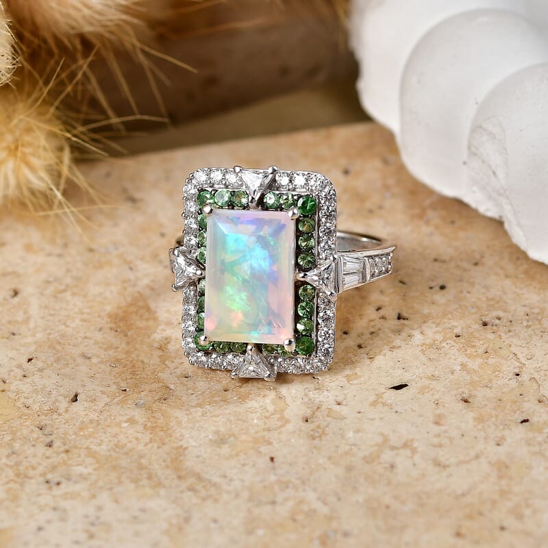 D'Joy Premium Ethiopian Welo Opal and Multi Gemstone 4.15 ctw Victorian Era Ring in Rhodium Over Sterling Silver (Size 7.0)