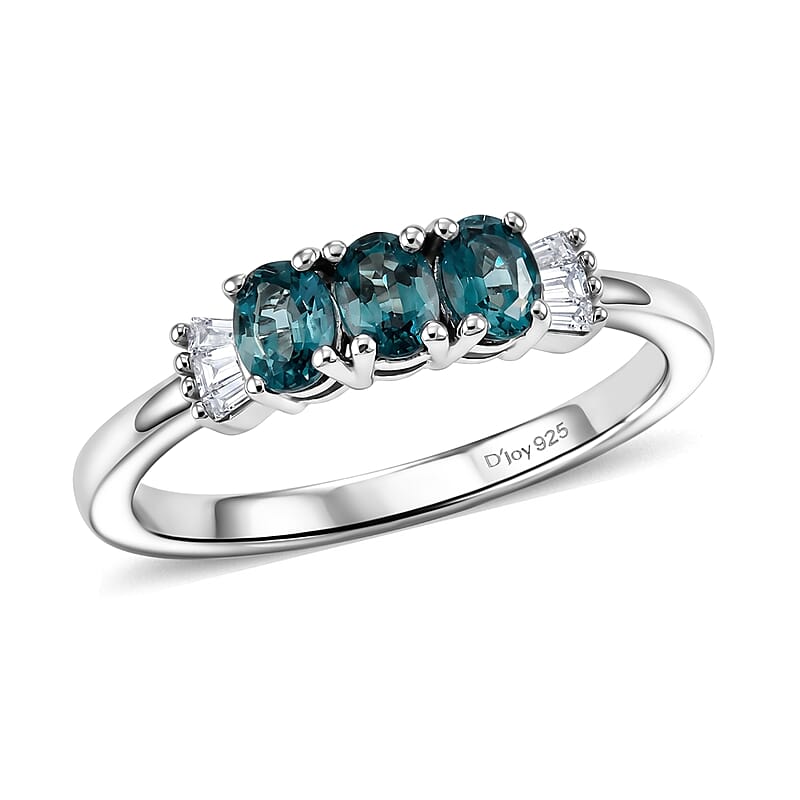 D'Joy Monte Belo Indicolite and Diamond 0.65 ctw Royal Tide Trio Ring in Rhodium Over Sterling Silver (Size 6.0)