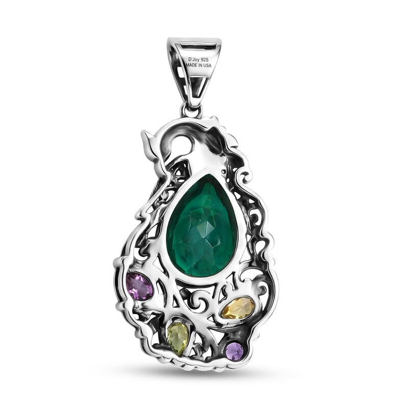 D'Joy Indian Artisan Crafted Premium Peacock Quartz (Triplet) and Multi Gemstone 4.70 ctw Pendant without Chain in Sterling Silver