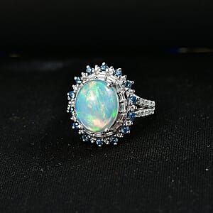 D'Joy Premium Ethiopian Welo Opal and Moissanite 4.25 ctw Ring in Rhodium Over Sterling Silver (Size 10.0)