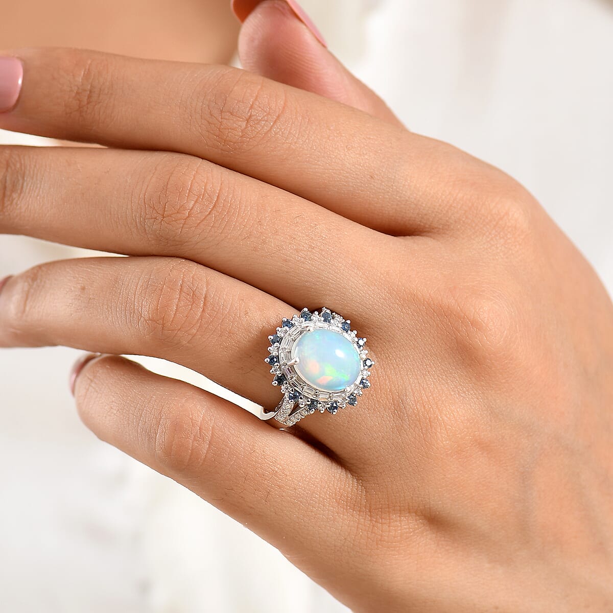 D'Joy Premium Ethiopian Welo Opal and Moissanite 4.25 ctw Ring in Rhodium Over Sterling Silver image number 2