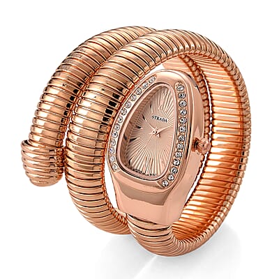Strada Austrian Crystal Japanese Movement Watch in Rose Faux Leather Braided Strap