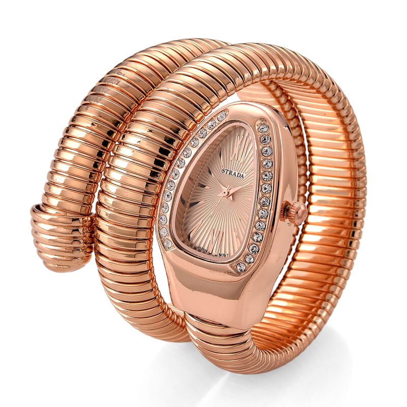 Strada Austrian Crystal Japanese Movement Watch in Rose Faux Leather Braided Strap