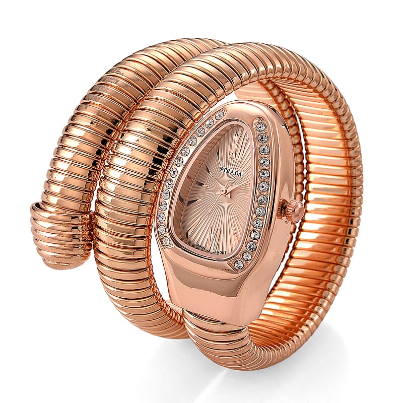 Strada Austrian Crystal Japanese Movement Watch in Rose Faux Leather Braided Strap