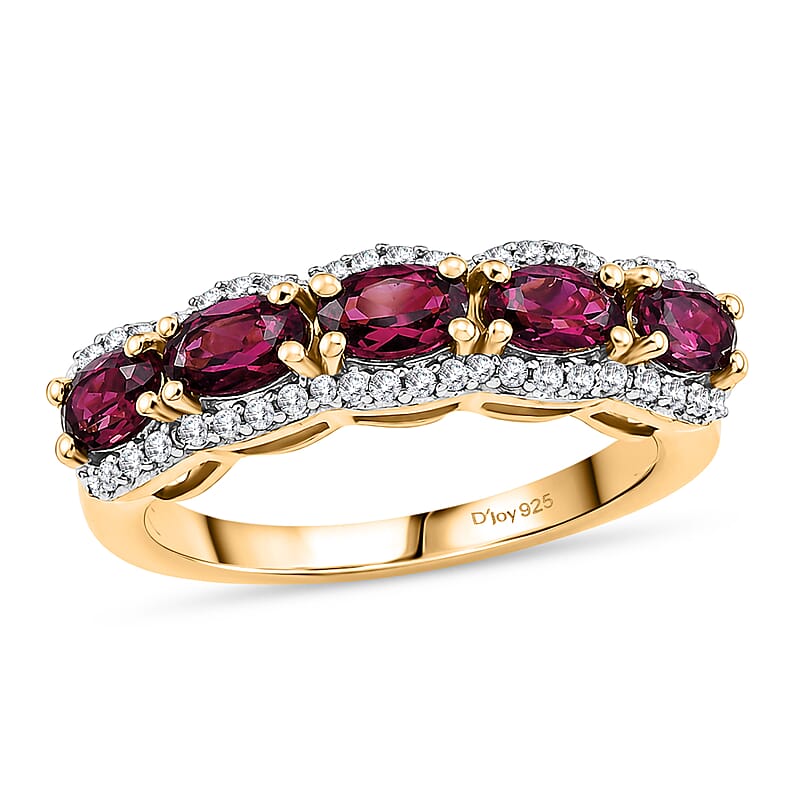 D'Joy Premium Malawi Magenta Garnet and Moissanite 1.75 ctw Midnight Band Ring in 18K Vermeil Yellow Gold Over Sterling Silver (Size 5.0)