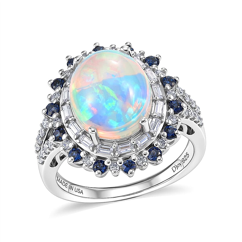 D'Joy Premium Ethiopian Welo Opal and Moissanite 4.25 ctw Royal Sunburst Ring in Rhodium Over Sterling Silver (Size 6.0)