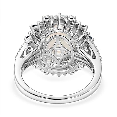 D'Joy Premium Ethiopian Welo Opal and Moissanite 4.25 ctw Royal Sunburst Ring in Rhodium Over Sterling Silver (Size 6.0)