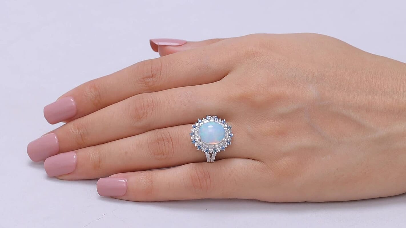 D'Joy Premium Ethiopian Welo Opal and Moissanite 4.25 ctw Ring in Rhodium Over Sterling Silver