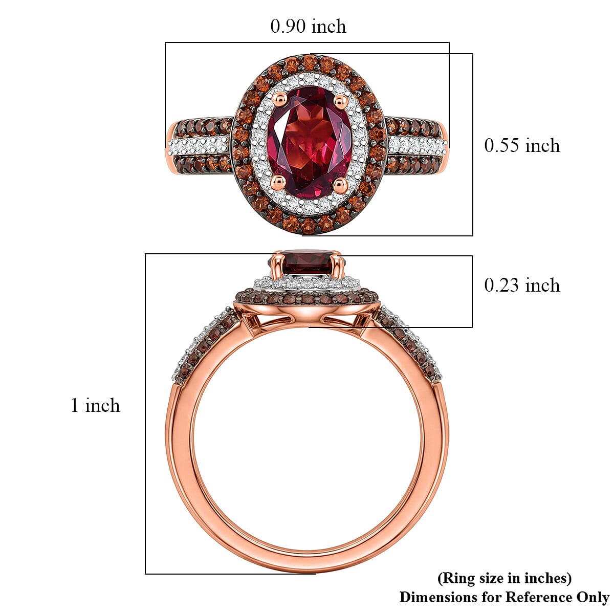D'Joy Premium Malawi Magenta Garnet, Champagne and White Zircon 2.25 ctw Twilight Oval Ring in 18K Vermeil Rose Gold Over Sterling Silver (Size 6.0)