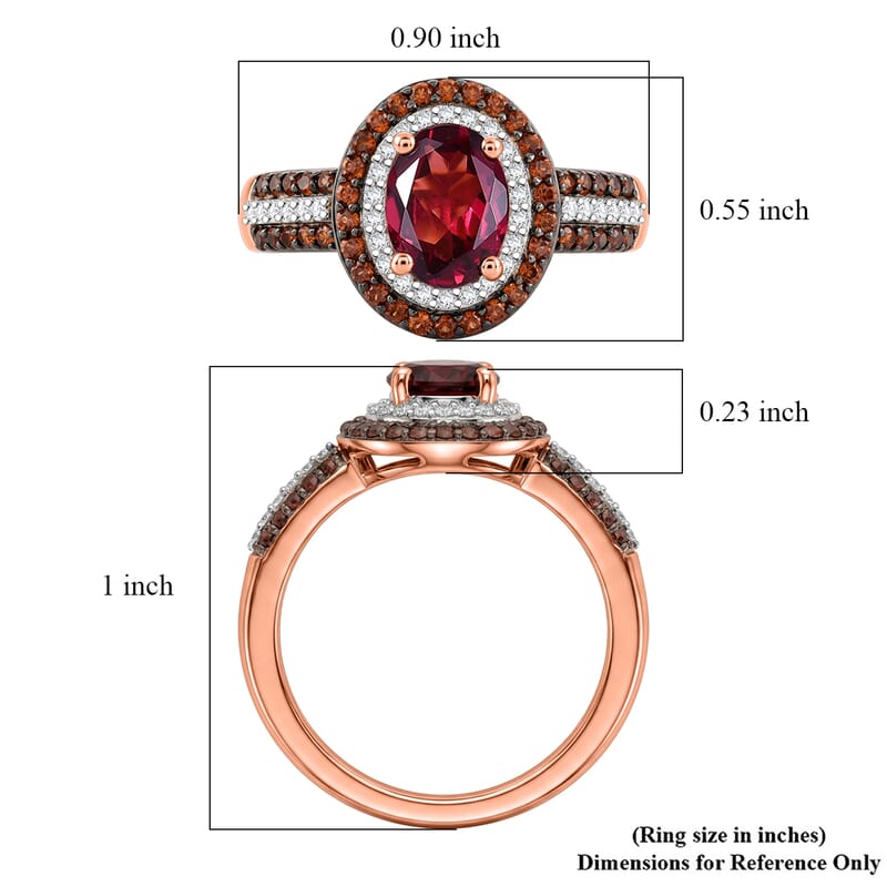 D'Joy Premium Malawi Magenta Garnet, Champagne and White Zircon 2.25 ctw Twilight Oval Ring in 18K Vermeil Rose Gold Over Sterling Silver (Size 7.0)