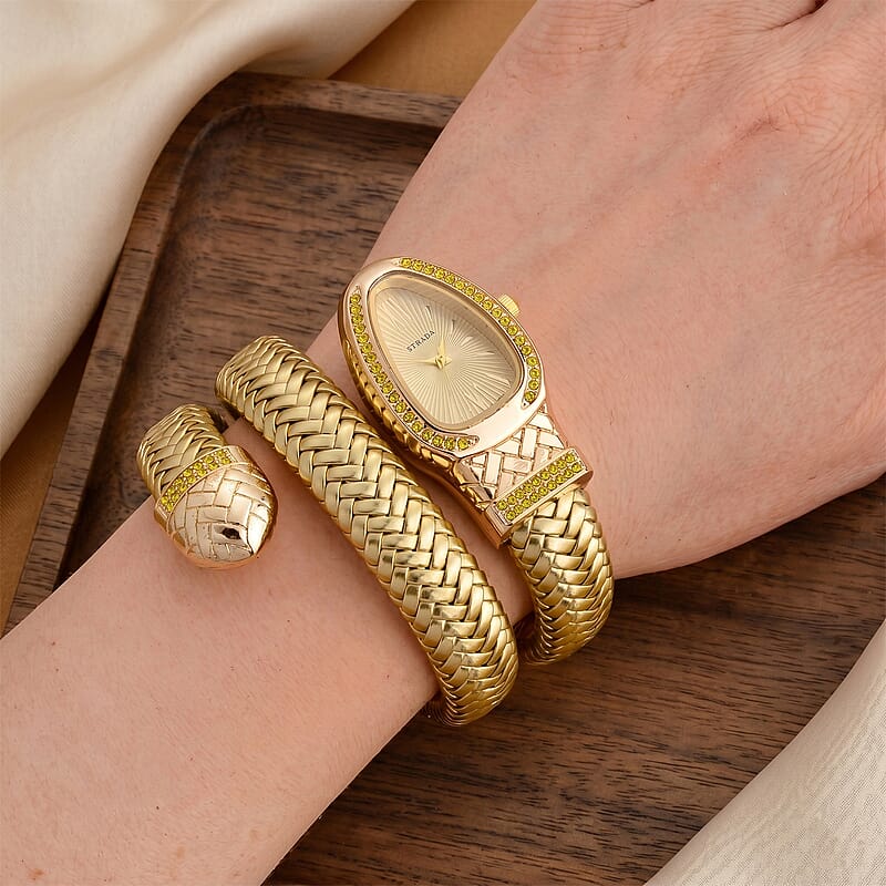 Strada Champagne Austrian Crystal Japanese Movement Watch in Gold Faux Leather Braided Strap