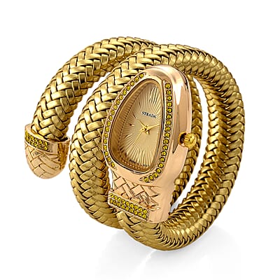 Strada Champagne Austrian Crystal Japanese Movement Watch in Gold Faux Leather Braided Strap