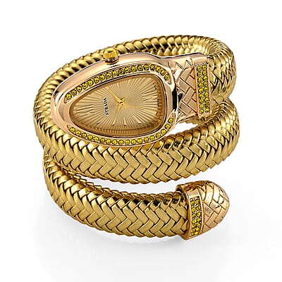 Strada Champagne Austrian Crystal Japanese Movement Watch in Gold Faux Leather Braided Strap