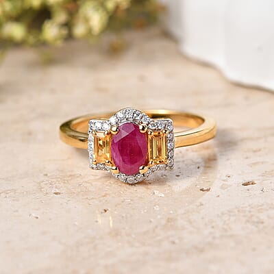 D'Joy Premium Montepuez Ruby and Multi Gemstone 1.35 ctw Sunlit Halo Ring in 18K Vermeil Yellow Gold Over Sterling Silver (Size  6.0)