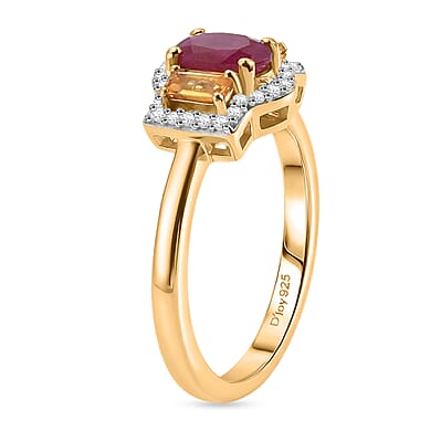 D'Joy Premium Montepuez Ruby and Multi Gemstone 1.35 ctw Sunlit Halo Ring in 18K Vermeil Yellow Gold Over Sterling Silver (Size  6.0)