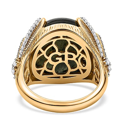 GP AAA Malagasy Labradorite and White Zircon 13.40 ctw Ring in 18K Vermeil Yellow Gold Over Sterling Silver (Size 6.0)