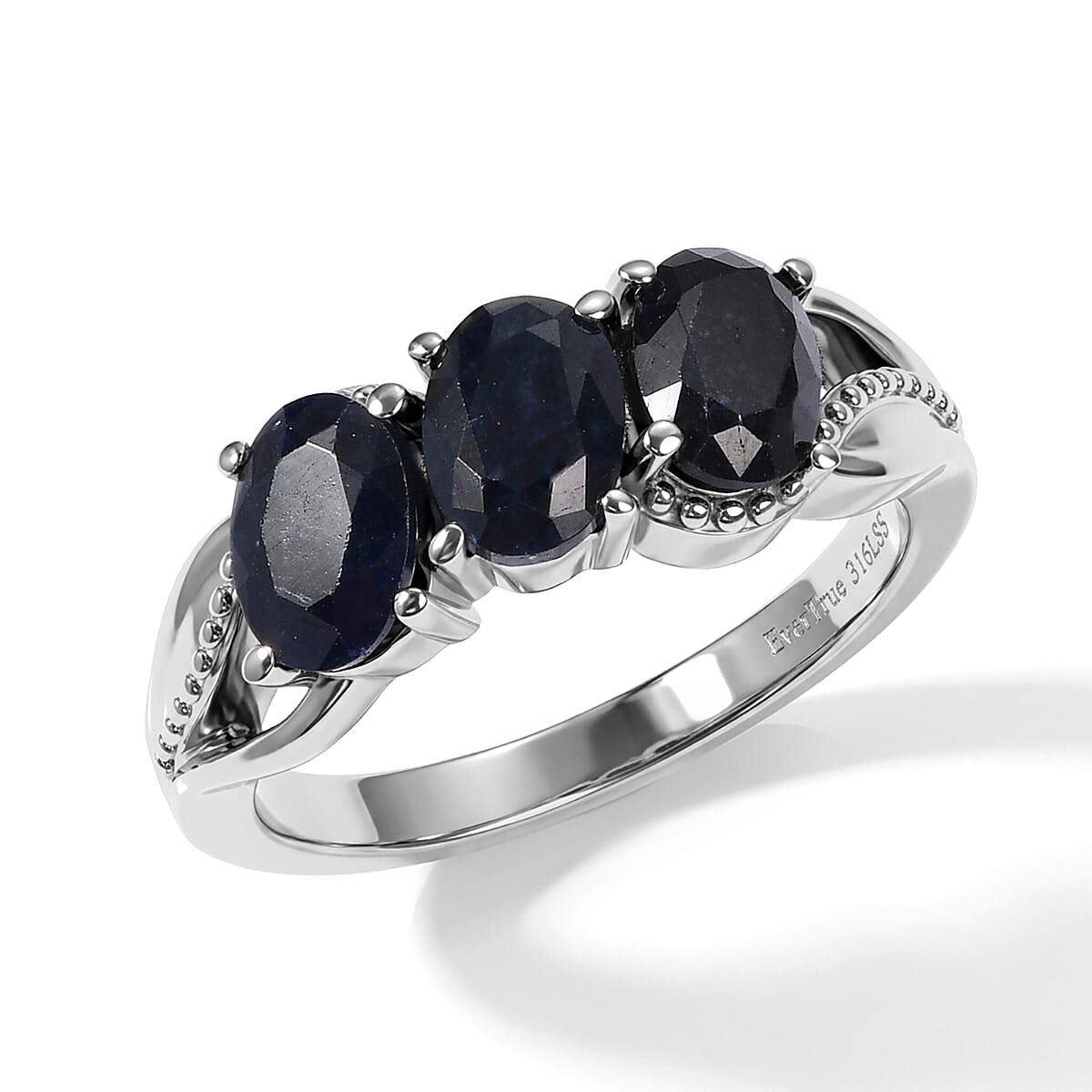 EverTrue Midnight Sapphire 2.30 ctw 3 Stone Ring in Stainless Steel (Size 8.0)