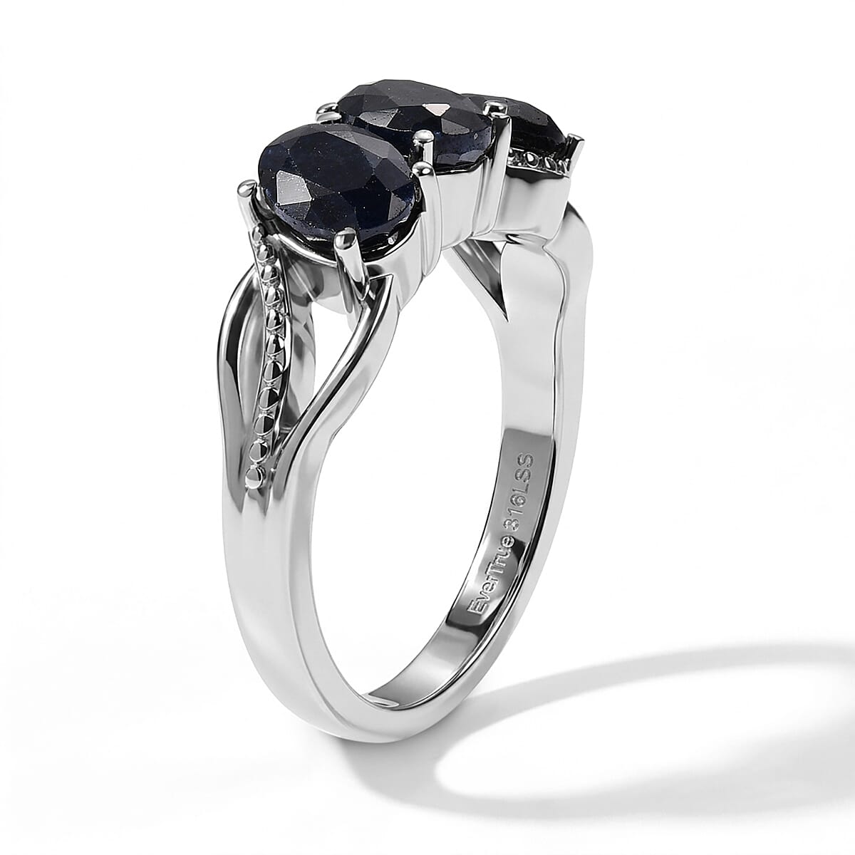 EverTrue Midnight Sapphire 2.30 ctw 3 Stone Ring in Stainless Steel (Size 8.0)